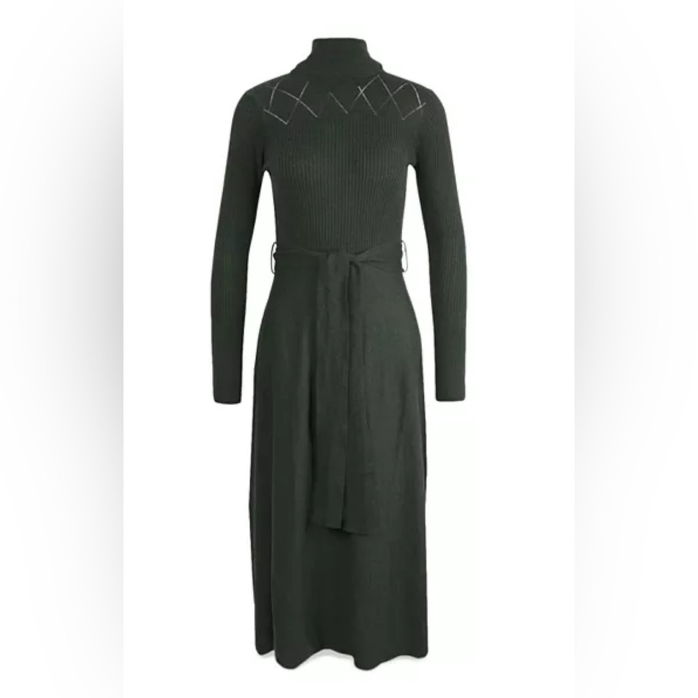 Barbour Laverne Midi Long Sleeve Knit Dress Dark Olive Green- EUC
